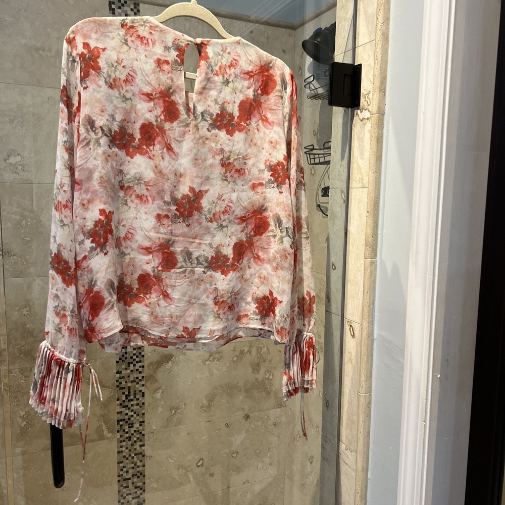 Intermix White Orange Fall Floral Print Pleated Silk Long Sleeve Top L - Picture 6 of 9